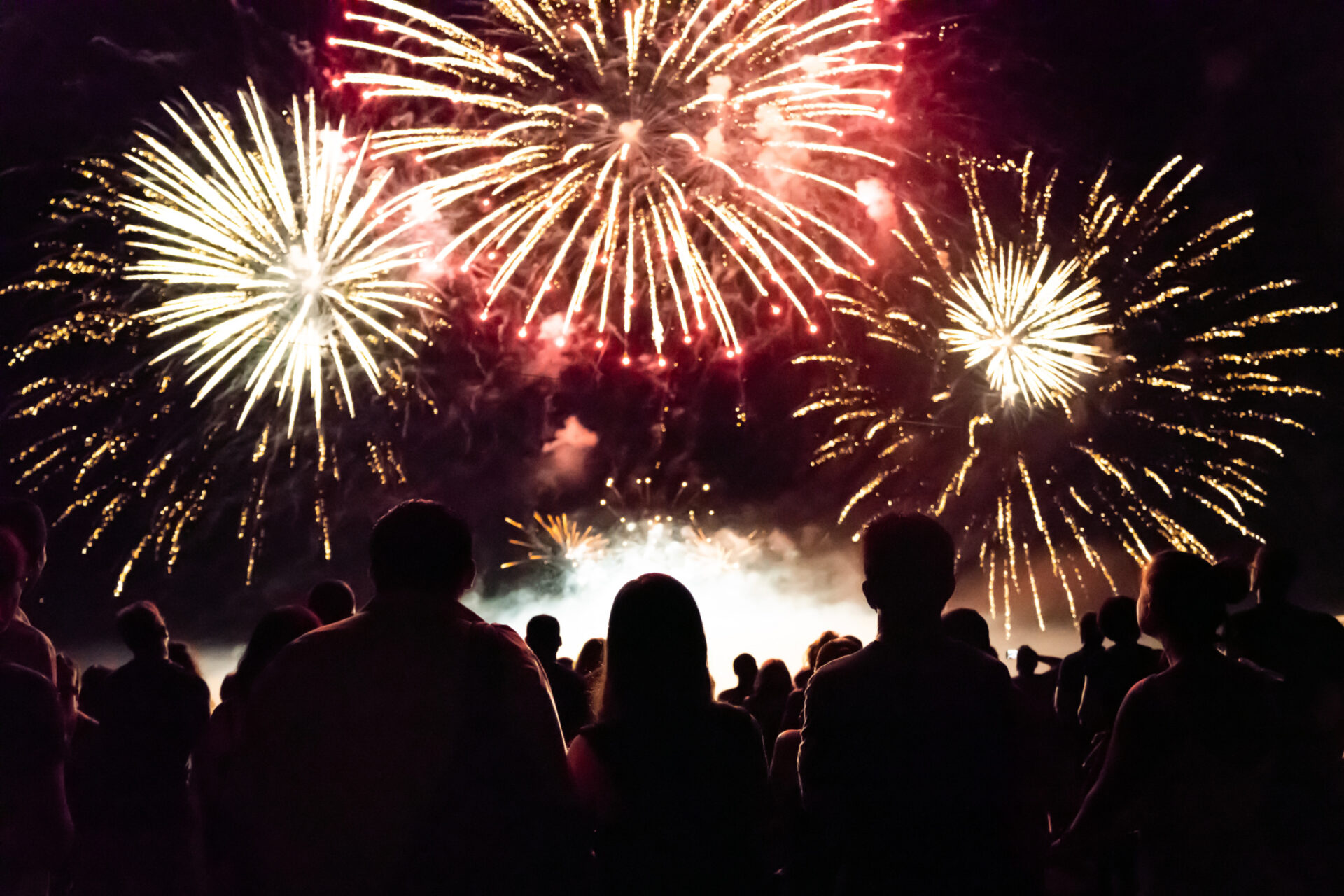 Fireworks in the night sky with people watching.
