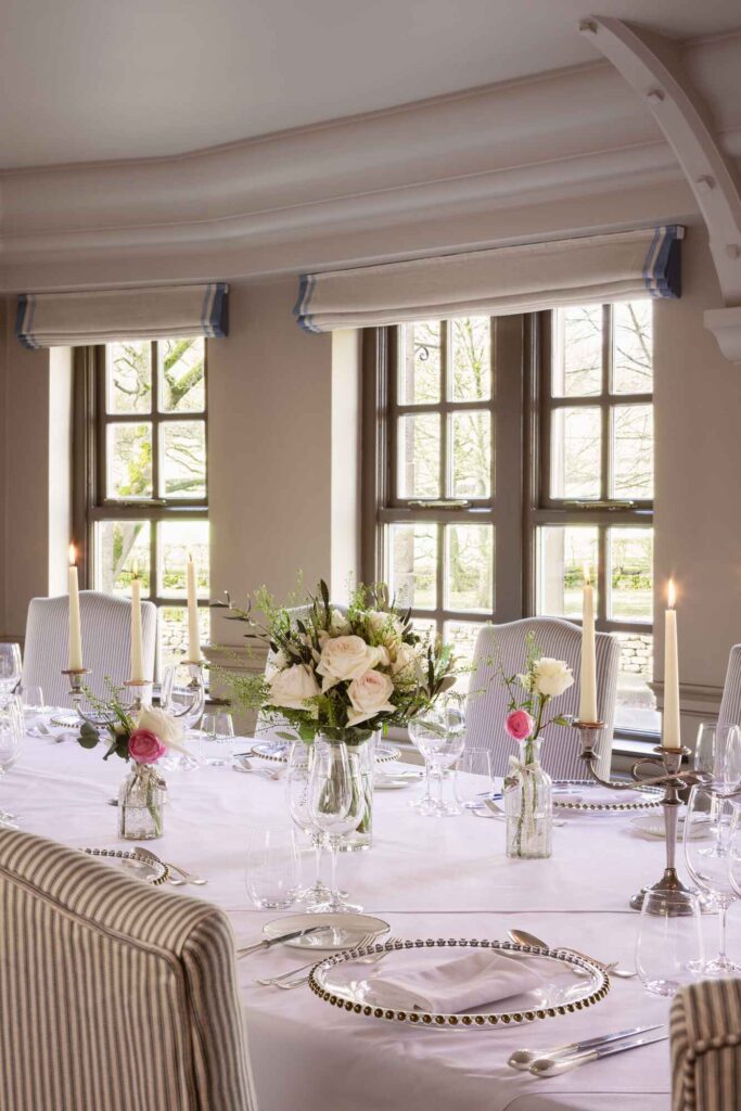 wedding dinner table decor featuring flowers and charger plates in neutral colours