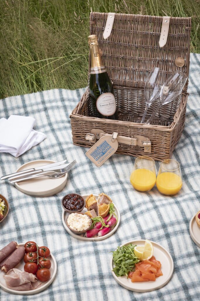 A picnic in the long grass with lots of food out on a checked blanket, with the countryside and trees behind.