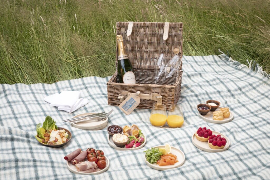 A picnic in the long grass with lots of food out on a checked blanket, with the countryside and trees behind.