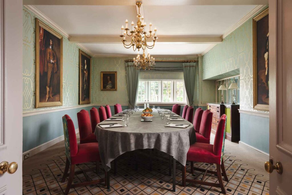 Wide shot of meeting room space set for 10 people