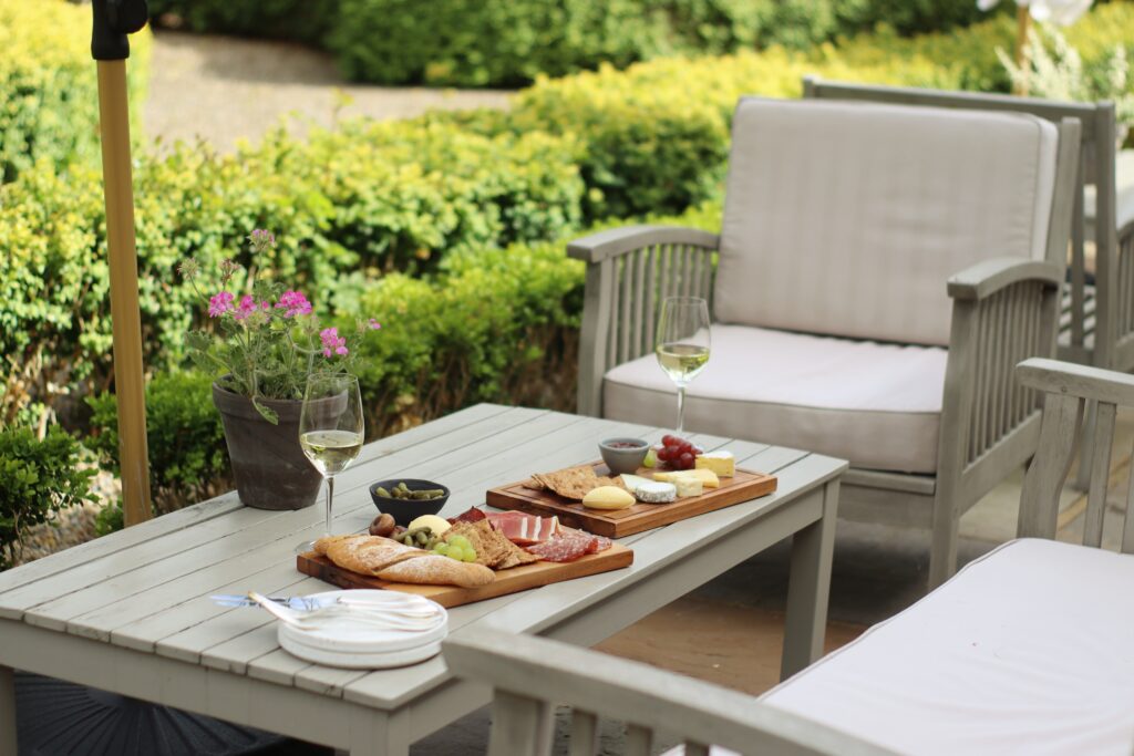 Outdoor table and chairs with charcuterie