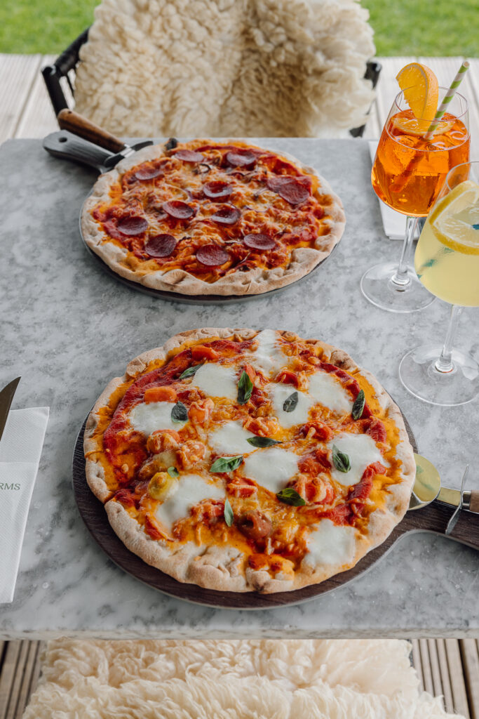 A margherita and peperoni pizza on the Brasserie Terrace.
